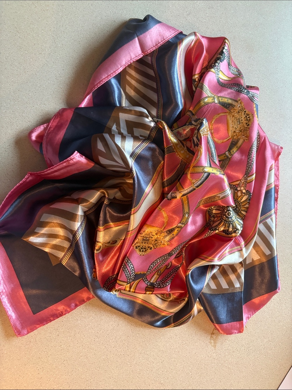 Pink and Navy Printed Satin Women's Scarf 34” never used